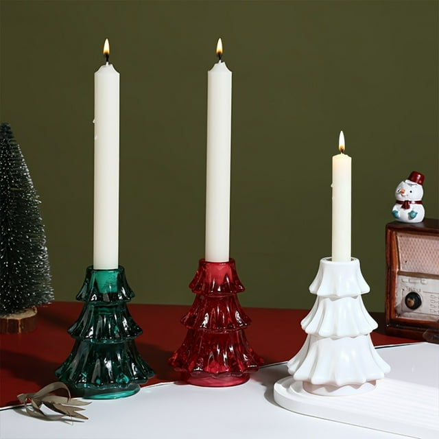 Candelabro de Cristal con Forma de Árbol de Navidad, Apto para Velas de Pilar de 7,2 Cm o Velas Aromáticas | Adorno Decorativo Navideño para Mesa | Regalo En Rojo, Verde y Blanco | Material: Cristal