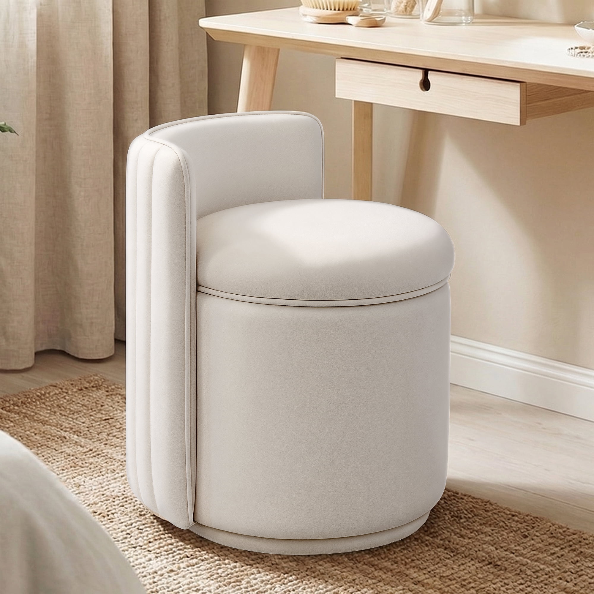 COOLHUT Vanity Chair, Upholstered Vanity Stool with Storage, Velvet Swivel Accent Chair, No Assembly Small Accent Stool, Makeup Chair for Bedroom, Living Room and Dressing Area, White