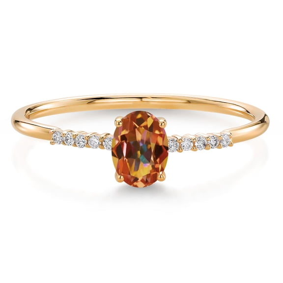 Gem Stone King 10K Yellow Gold Oval Ecstasy Mystic Topaz and White Lab Grown Diamond Engagement Ring for Women (0.55 Cttw, Oval 6X4MM, Gemstone, Available in Size 5, 6, 7, 8, 9)