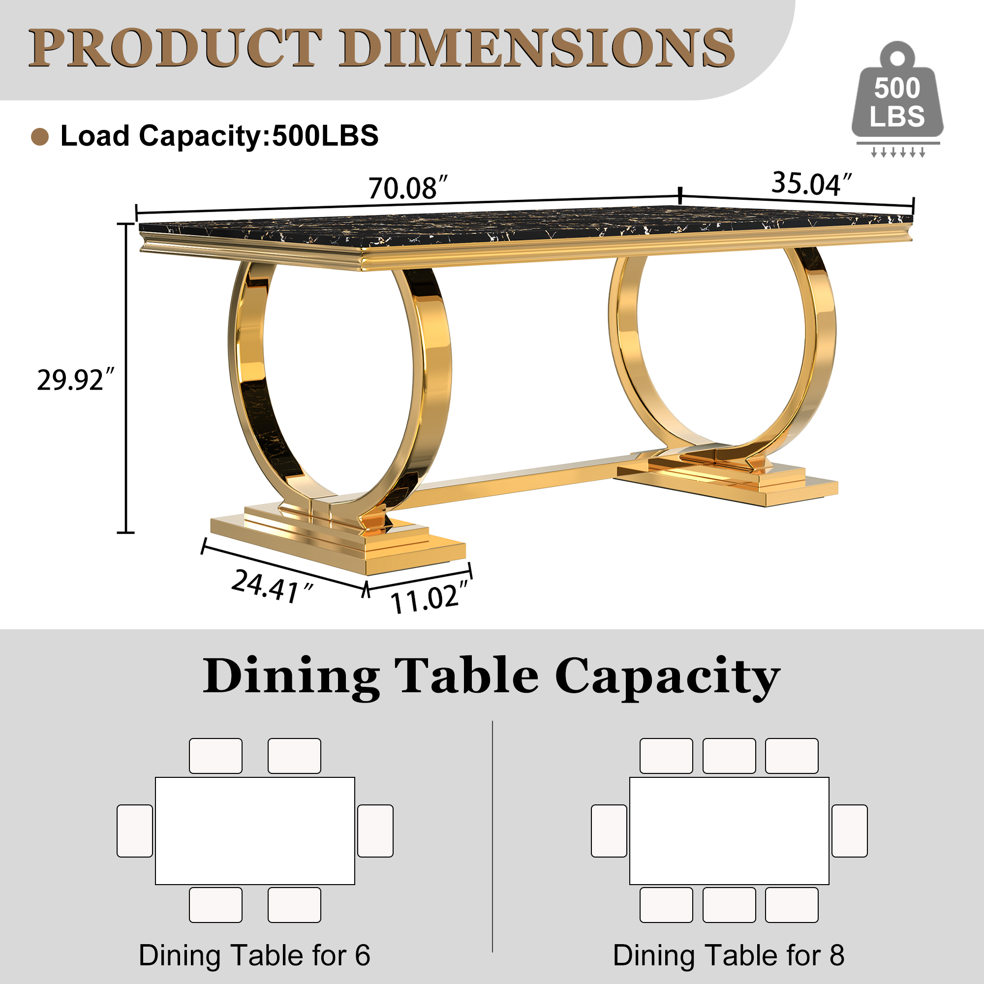 70" Rectangular Marble Dining Table, Polished Stainless Steel O-Shaped Base and Faux Marble Top for Dining Room or Kitchen