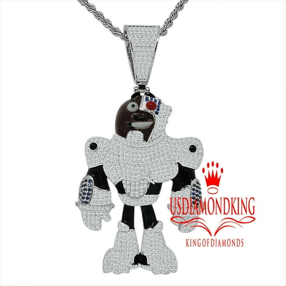 White Gold Tone Titans Cyborg Character Bling Custom Pendant Charm   Chain 3''