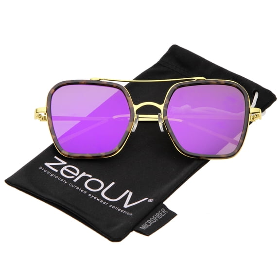 zeroUV Unisex Modern Slim Temple Browbar Color Mirrored Flat Lens Square Sunglasses 52mm (Tortoise-Gold / Purple Mirror) - 52mm