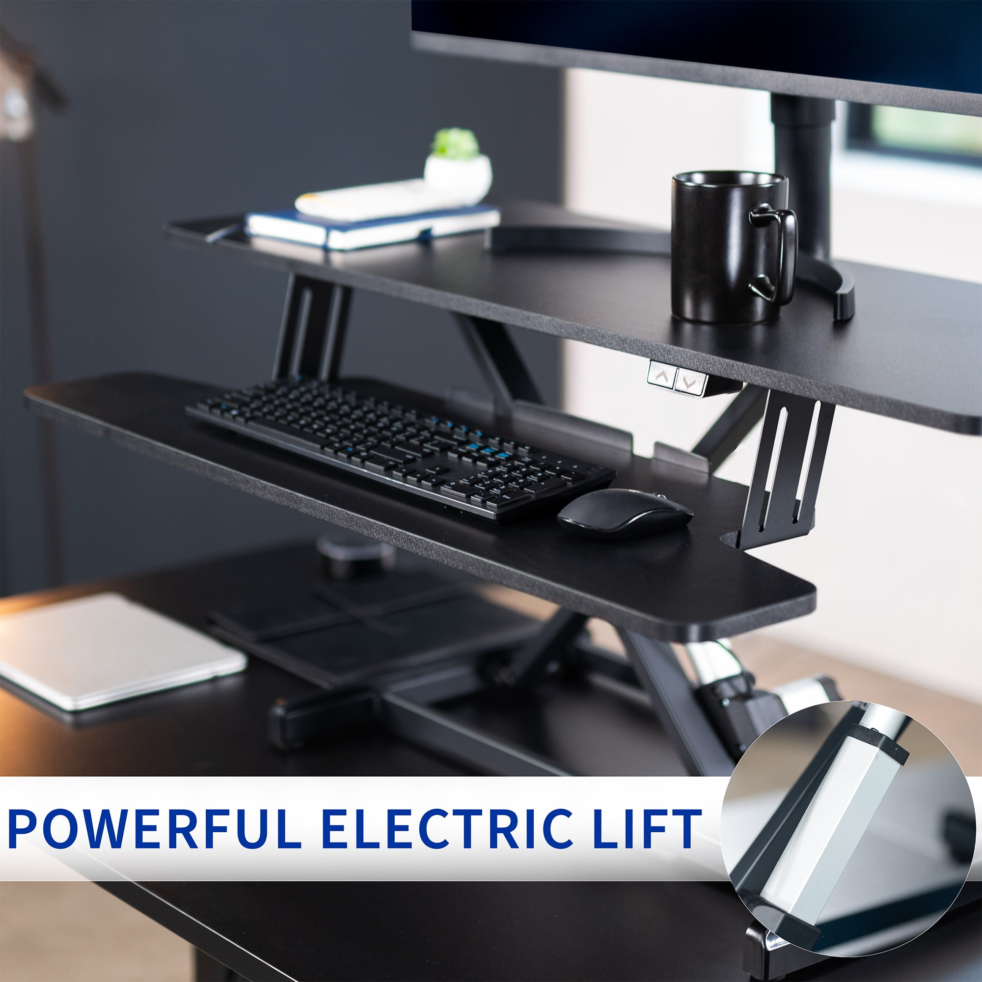 VIVO Black Electric 42" Standing Desk Monitor Riser, Dual Arm Sit Stand Tabletop