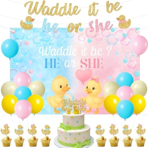 Duck Gender Reveal Decorations Blue Pink Duck Theme Backdrop He or She Waddle It Be Banner Cake Topper Cute Ducky Cupcake Toppers with Balloons for Boy or Girl Gender Reveal Party Baby Shower$