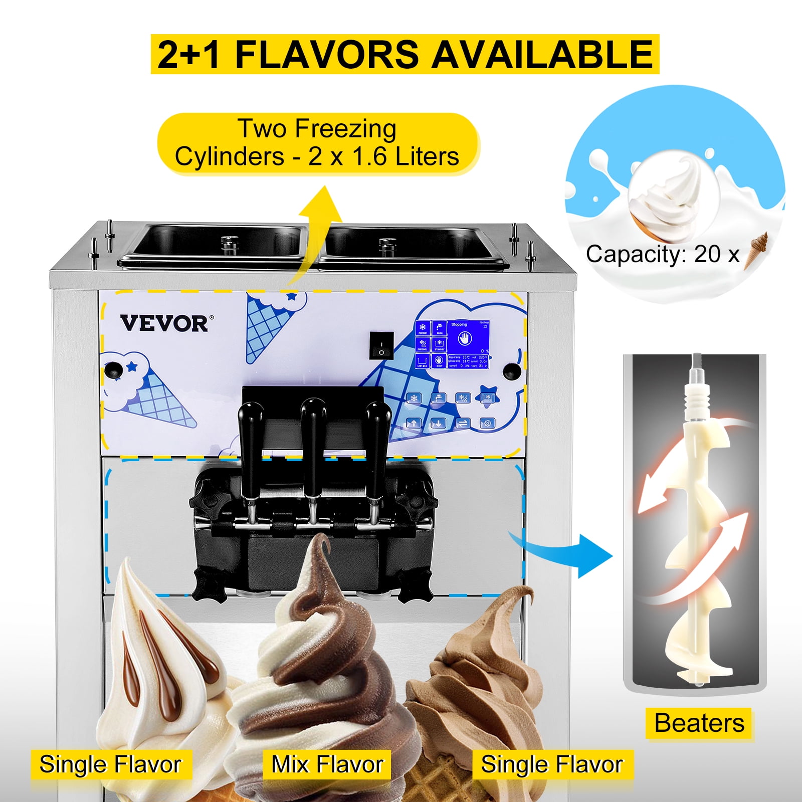 Commercial Ice Cream Machine with Two 12L Hoppers Soft Serve Machine with 3  Flavors Commercial Ice Cream Maker 2450W Compressor Soft Ice Cream Machine