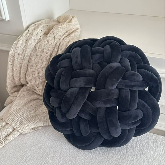 1 Pcs Round Knot Pillows Chunky Knitted Throw Pillows 13.8 Inch Woven Round Pad Decorative for Home Bed Couch Sofa Decoration，Black