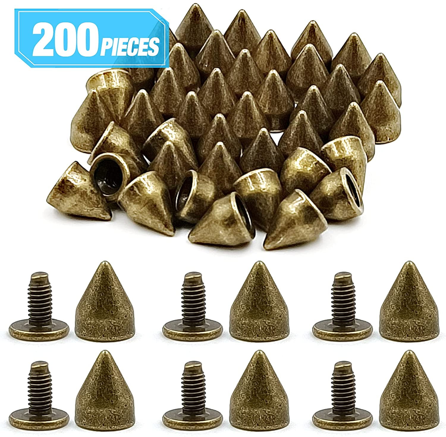 100 Sets 9MM Gold Spikes and Studs Metal Bullet Cone Spikes Screw Back Leather Craft Rapid Rivet Screws Punk Studs and Spikes for Clothing Shoes Leather Belts Bag Accessories 11/32 Inch 