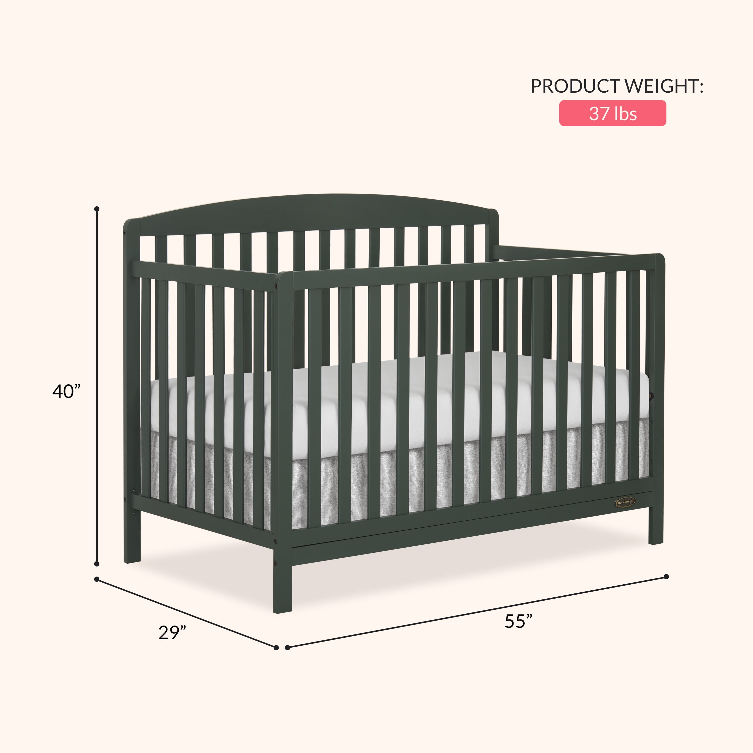 Dream On Me Odelle 5-in-1 Convertible Crib, Converts from Baby Crib to Toddler Bed, Day Bed, Kids Bed and Full Size Bed, Three Adjustable Mattress Height Positions, Forest Green
