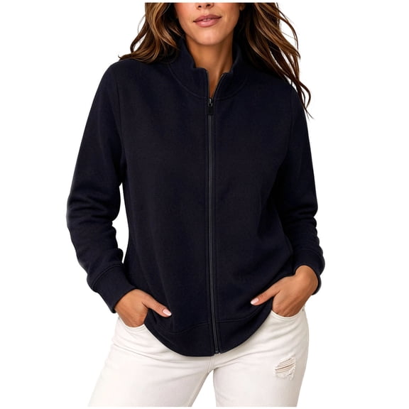Qiopertar Women's Zip Up Jacket Casual Long Sleeve Stand Collar Loose Fit Fall Winter Tops Solid Basic Comfy Coat, Black XXL