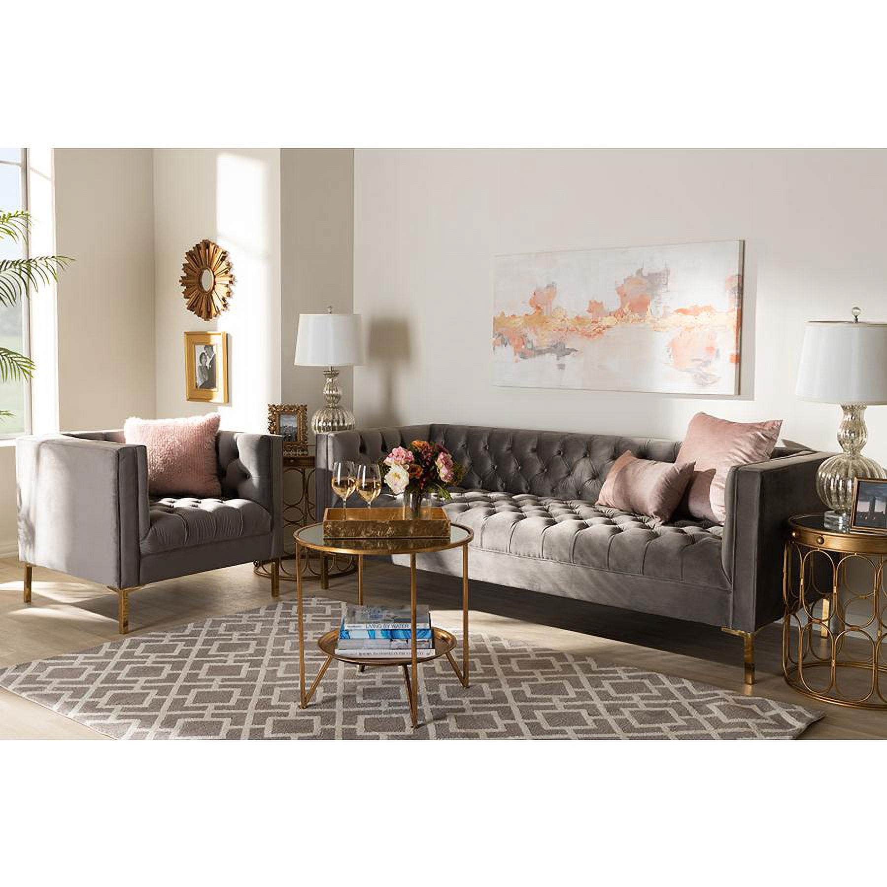 Baxton Studio Zanetta Glam and Luxe Gray Velvet Upholstered Gold Finished 2-Piece Sofa and Lounge Chair Set