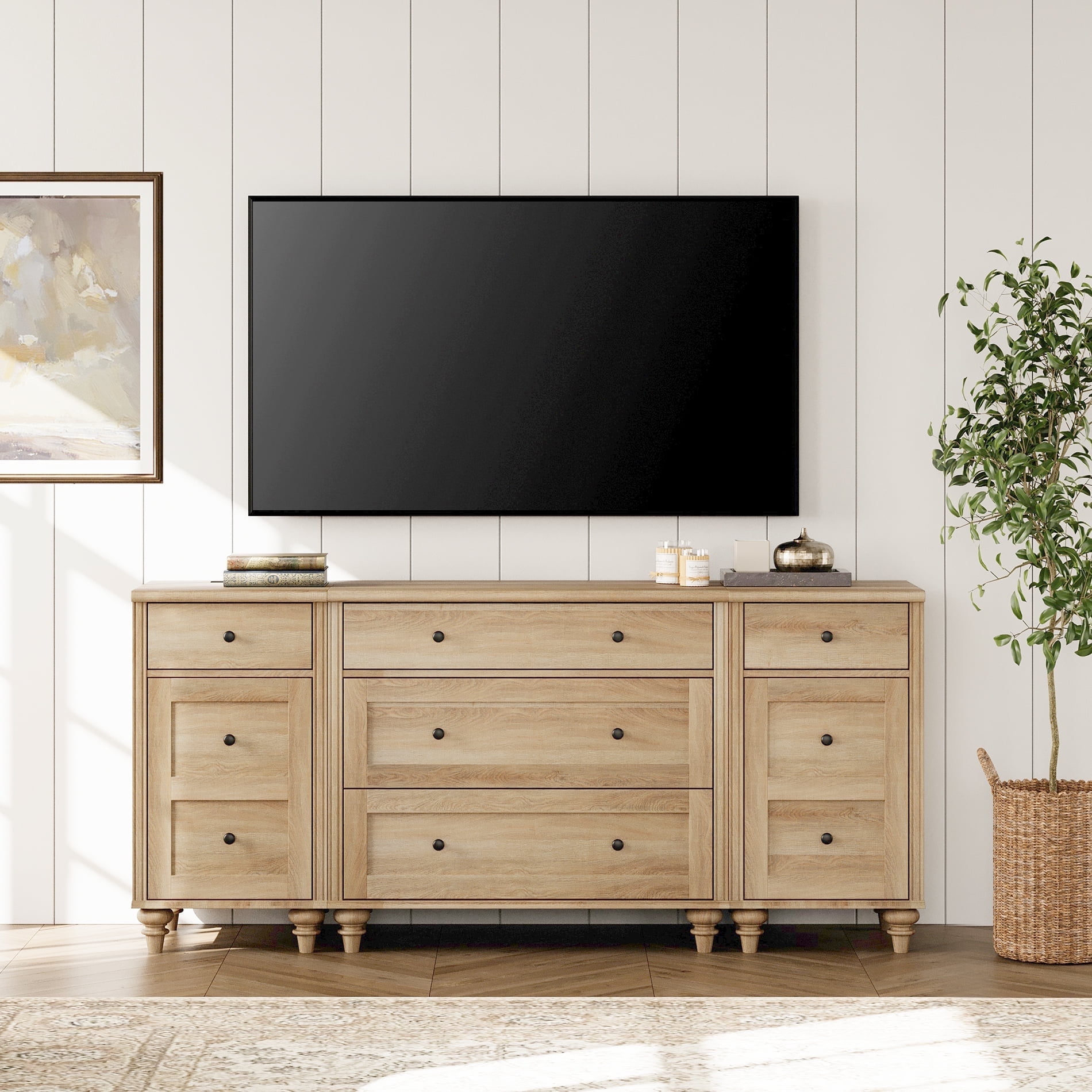 WAMPAT Modern TV Stand for 75 Inch TV, Dresser with 5 Drawers and 2 Doors, Wood Nightstands with Charging Station for Living Room Wood TV Console Table for 70 65 80 inch TV for Bedroom, Oak