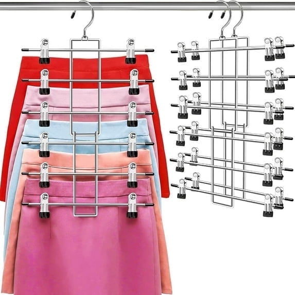 INCTUO 2 Pack Pants Hangers with Clips,Space Saving Hanging Closet Organizer-6 Tiers Skirt Hangers with 360° Swivel Hook,Closet Organizer-Clothes Hangers- College Dorm Essentials Apartment Essentials