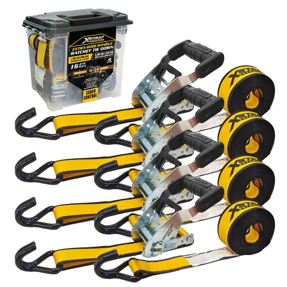 XSTRAP STANDARD Ratchet Straps 1.5" x 16 ft (4 Pack) 3,300 lb Break Strength Tie Down Straps, Heavy Duty Double J-Hook Cargo Tie down Ergonomic Padded Handle for Truck, Trailers, ATV & Boat (Yellow)