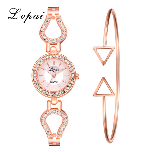 Ivpai Reloj femenino con correa de aleación y decoración de diamantes de imitación de cuarzo con pulsera (oro rosa blanco)