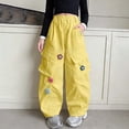 thumbnail image 2 of Crunowin Girls Cargo Pants, Retro Multi Pockets Floral Patch Elastic Waist Wide Leg Pants Size 12, 2 of 7