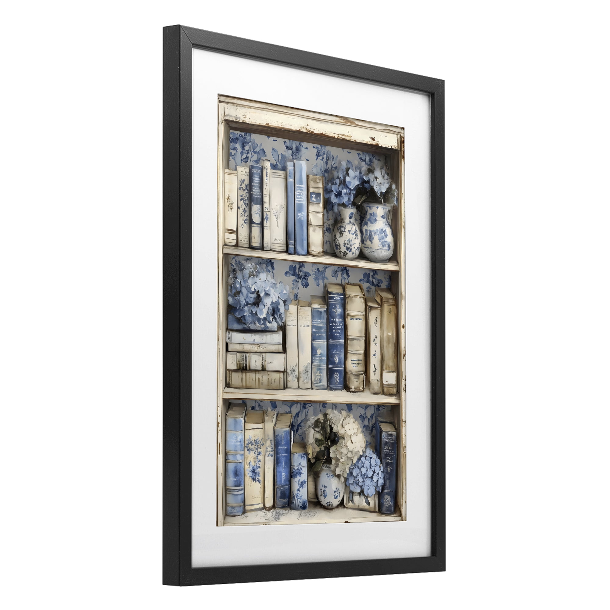 Stupell Industries Blue & Beige Bookcase Black Framed Print Under Glass, design by LSR Design Studio