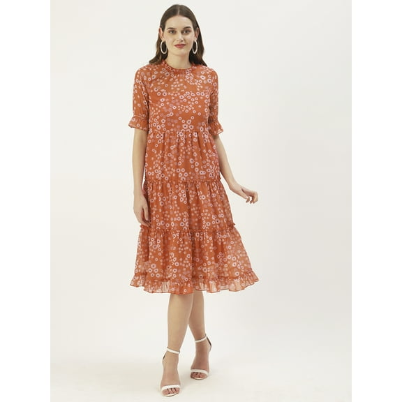 DressBerry Women’s Printed Poly Georgette Round Ruffled Neck 3/4th Sleeves Knee length Tiered Hem Light Weighted Casual Summerwear Beachwear Partywear All Purpose One Piece Dress