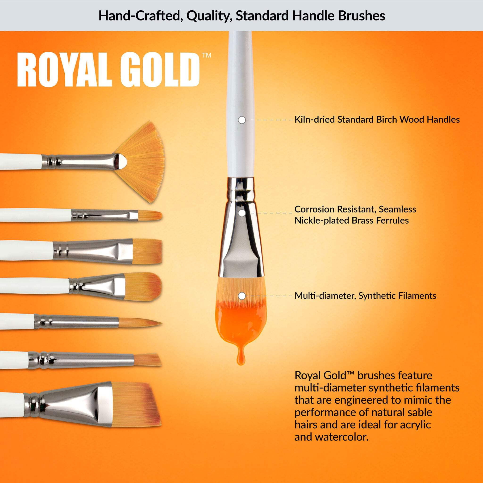 Royal & Langnickel Royal Gold Short Handle Paint Brush Set, Filbert and Wash, 11-Piece