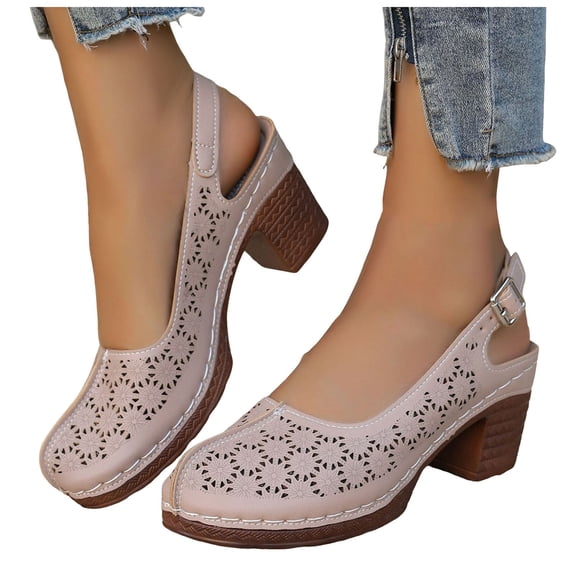 Rokment Platform Dressy Sandals for Women Ladies Spring Summer Elegant Casual Flower Hollow out Leather Closed Toe Chunky Block High Heels Slingback Dress Shoes Beige Size 6