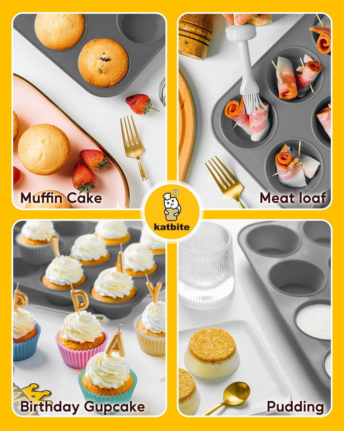 katbite Silicone Muffin Pan Set, Non-stick BPA Free Cupcake Pans 12&24