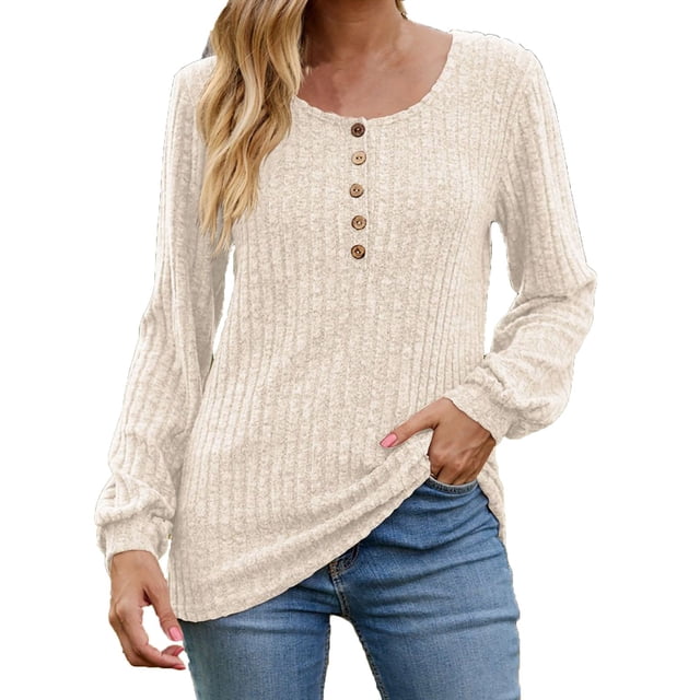 Staron Chemises à Manches Longues pour Femmes Chic Décontracté Bouton Uni Chandail Tendance Col Rond Chandails de Base Automne Mode Printemps T-Shirts Amples Chemise Femmes Idées Cadeaux