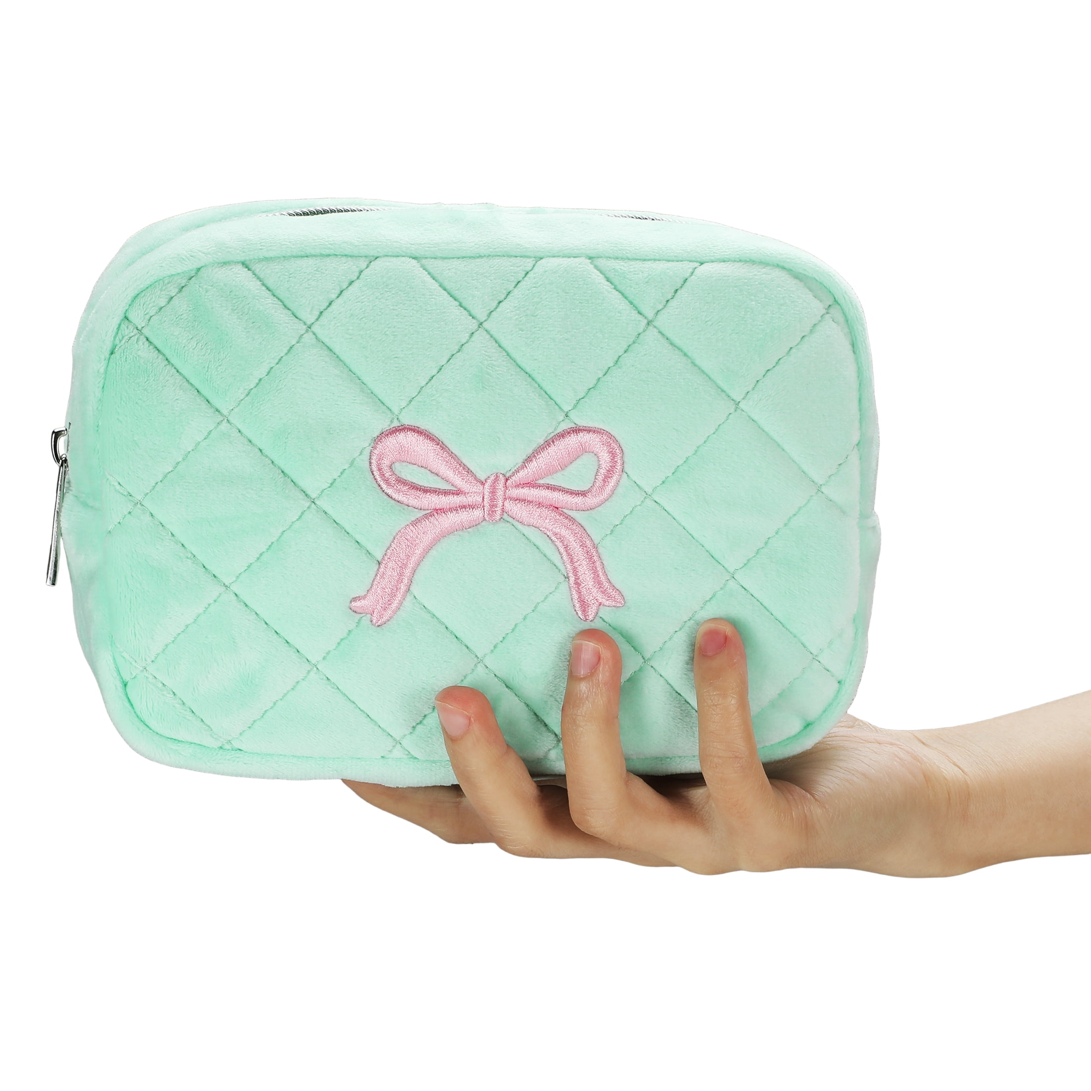 Beauty Gifts Velvet Cosmetic Bag for Travel, Blue Makeup Zipper Pouch with Pink Bow Embroidery