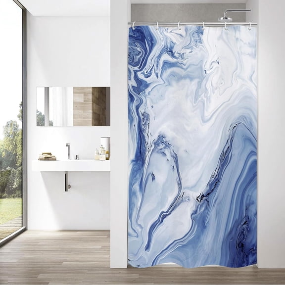 Navy Blue Marble Small Stall Shower Curtain 36 x 72, Abstract Ombre Half Size Narrow Shower Curtain Set, 36 inch Modern Fabric Shower Curtains for Chic Luxury Bathroom Decor