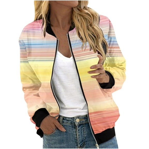 UTSJKR Women's Tie Dye Print Bomber Jackets Long Sleeve Lightweight Zip Up Pockets Windbreaker Outwear 2024 Fall Fashion Loose Fit Daily Wear Streetwear Orange L
