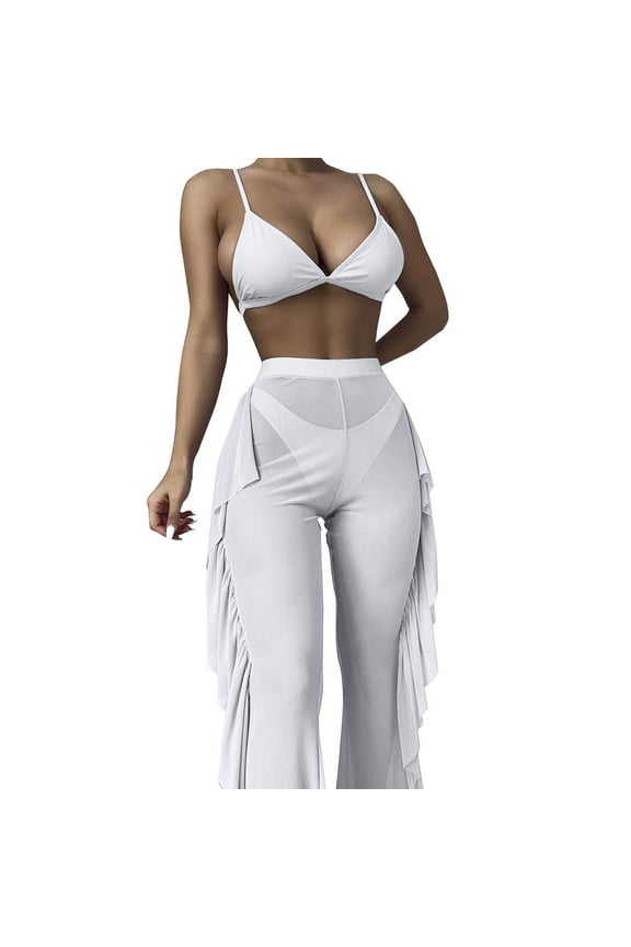 Tummy Control Swimsuits for Women Women's Front Cross Flounce High Waisted Bikini Floral Print Two Pieces Swimsuit White,L