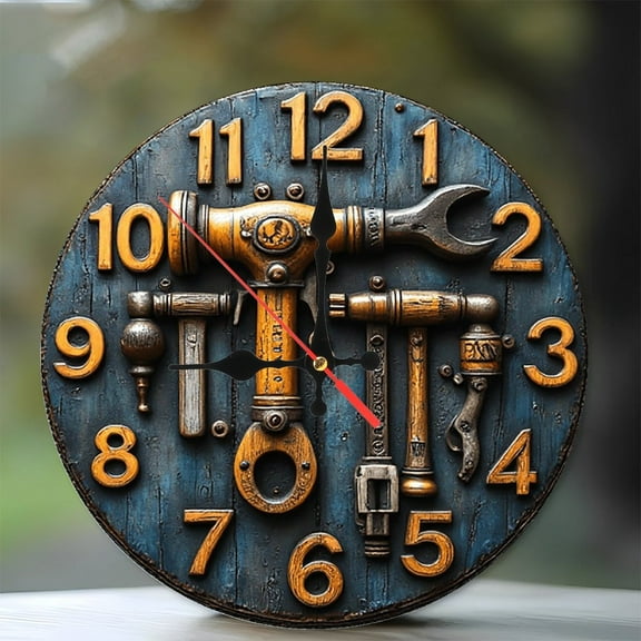 Vintage Tool Clock Wall Decor 10-Inch Silent Wooden Wall Clock, Battery Operated (AA Batteries Not Included), Artistic Home Decor
