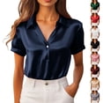 thumbnail image 1 of Ashirexll Summer Tops for Women, Solid Color Half Button Short Sleeve Lapel Satin Casual Commuting Shirts, 1 of 7