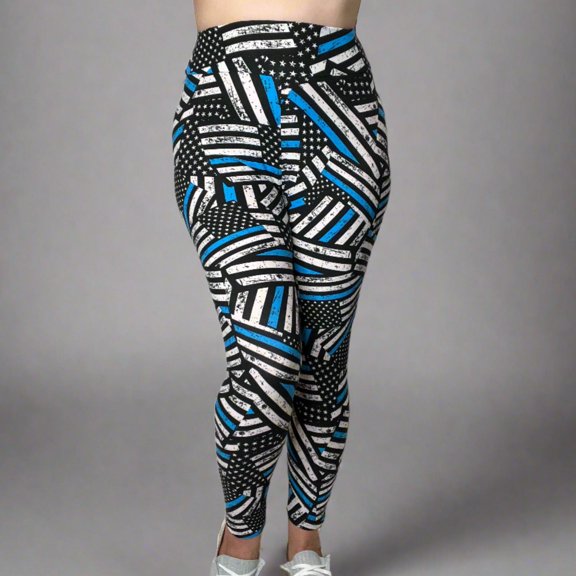 Womens Thin Blue Line American Flag Print Leggings Extra Soft 4 Ways Stretch High Waist Yoga Pants
