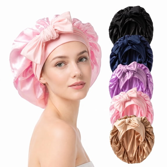 5 Pack Solid Satin Hair Bonnets with Bow Tie Straps, Elastic Long Tie Band Sleeping Caps, Silky Hair Protection Head Wraps for Women Daily Use