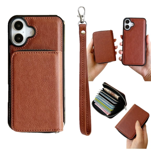 for iPhone 16 Plus Phone Case with Wrist Strap [Back Zipper Accordion Wallet Case] [Magnetic 2-in-1 Detachable Purse] PU Leather Shockproof Women Men Cover for iPhone 16 Plus, Brown