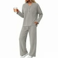 thumbnail image 2 of felwors Women 2 Piece Pajamas Sets Long Sleeve Casual Ribbed Lounge Set Fall Pj V Neck Loungewear Outfit Khaki, L, 2 of 8