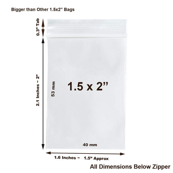 1.5"x2", 100/pk Clear Reclosable Plastic 2-Mil Ziplock Bags Poly Jewelry Storage Zipper Baggies