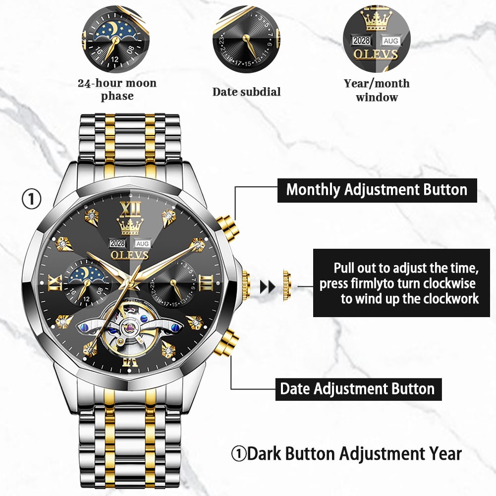 OLEVS Automatic Watches for Men Luxury Dress Waterproof Self Winding Mechanical Moon Phase Chronograph Stainless Steel Luminous Diamond Date Skeleton Tourbillon Wristwatch for Men Reloj Para Hombre
