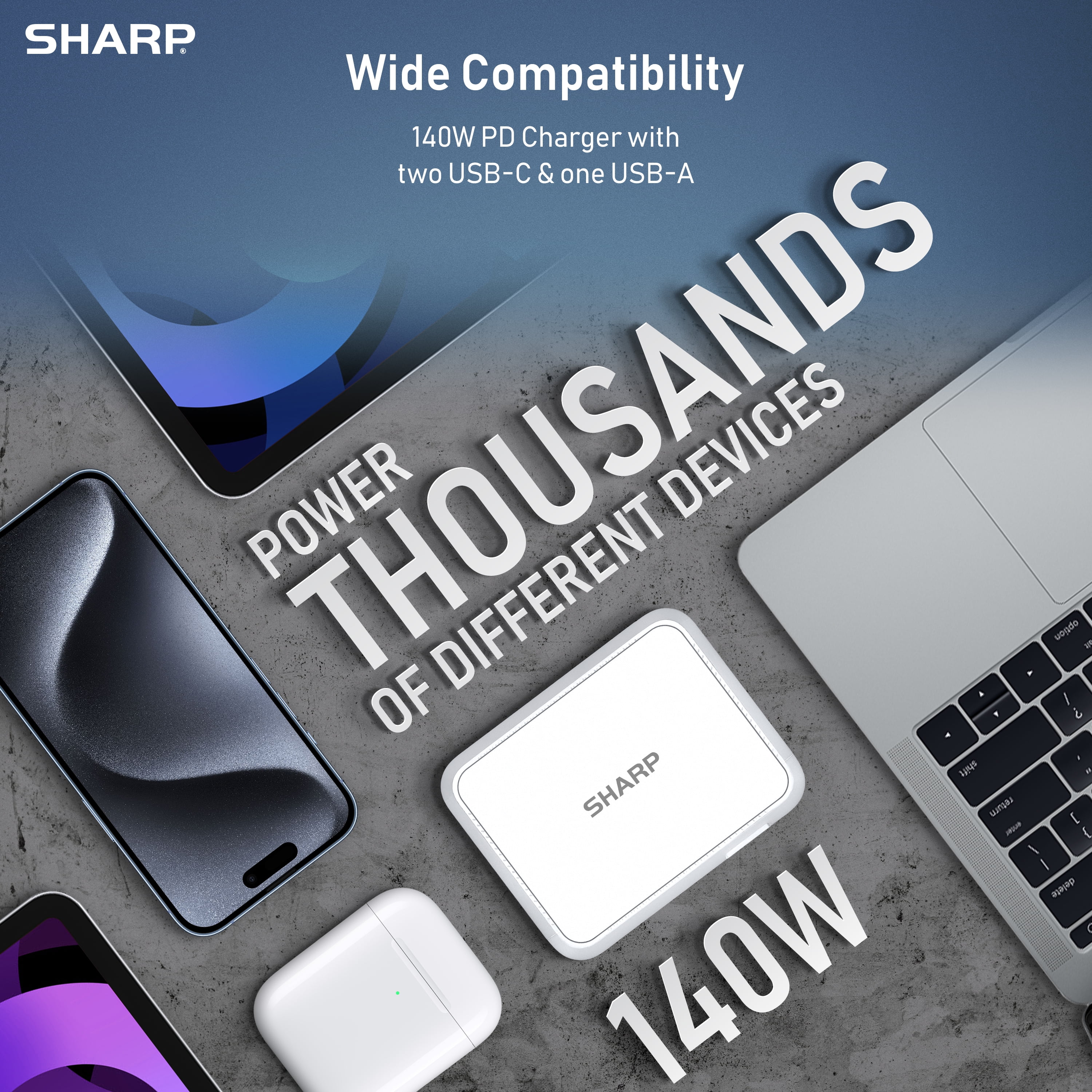 Sharp 140W USB C Charger, Compact Foldable GaN Fast Charge 3-Port (2 USB-C, 1 USB-A), Compact Foldable Wall Charger for MacBook Pro/Air, iPad Pro, iPhone 15/Pro, Galaxy S22/S21, Dell XPS, White