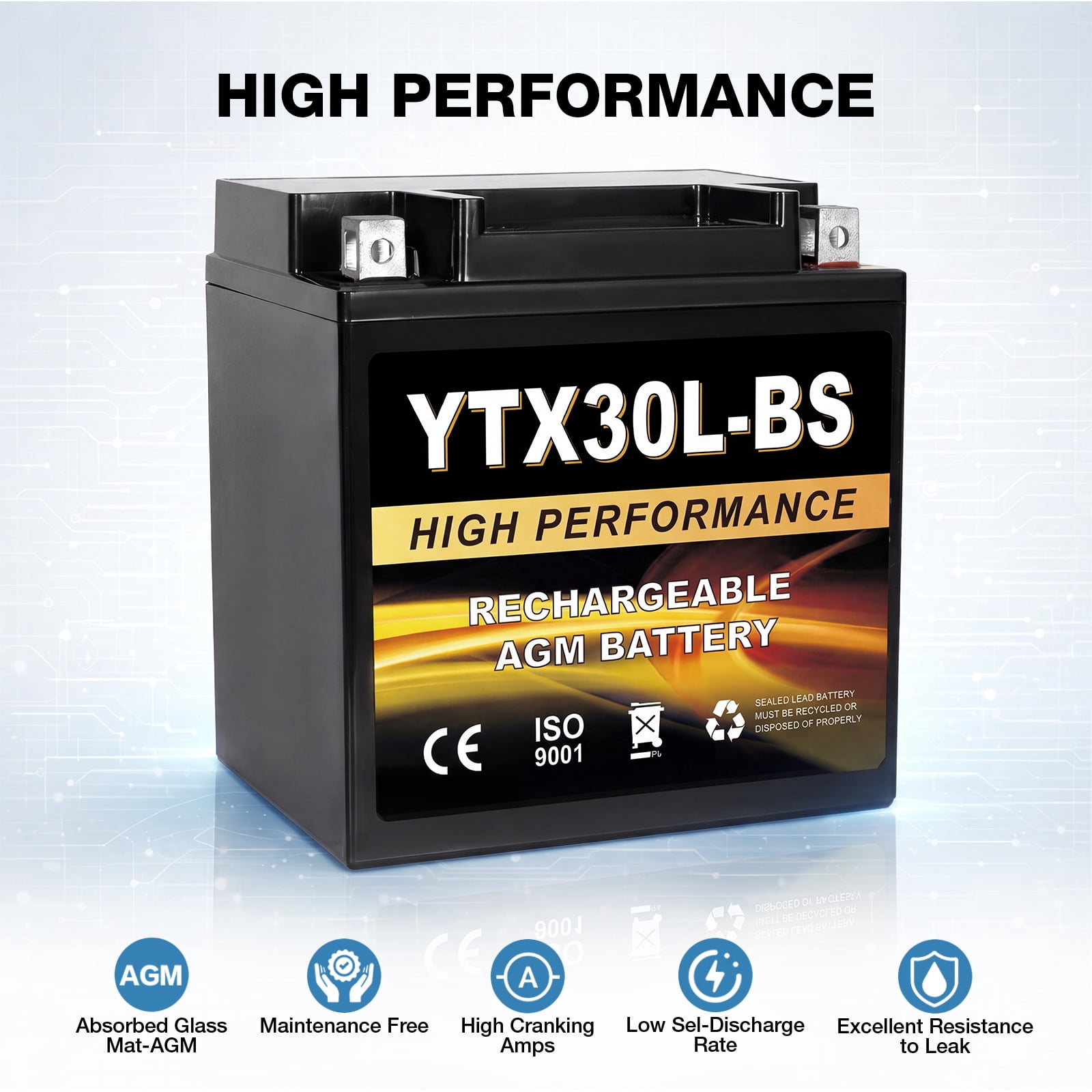 Anlibatt YTX30L-BS Motorcycle Battery 12V 30Ah 400CCA Rechargeable Sealed Batteries Powersport Replacement for ATV, Scooter, Jet ski, Dirt Bike