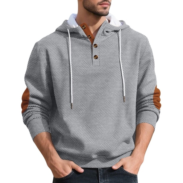 pstuiky camisa de manga larga para hombre, Blusa informal holgada de color liso con botones y cordón de moda para hombre, de manga larga, con capucha top de hombre m