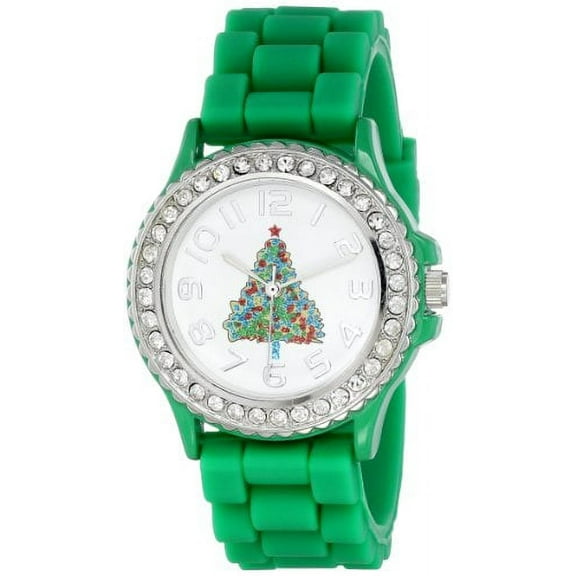 Women's 5573_xmasgreentree Holiday Boyfriend White Dial with Christmas Tree and Crystals Watch