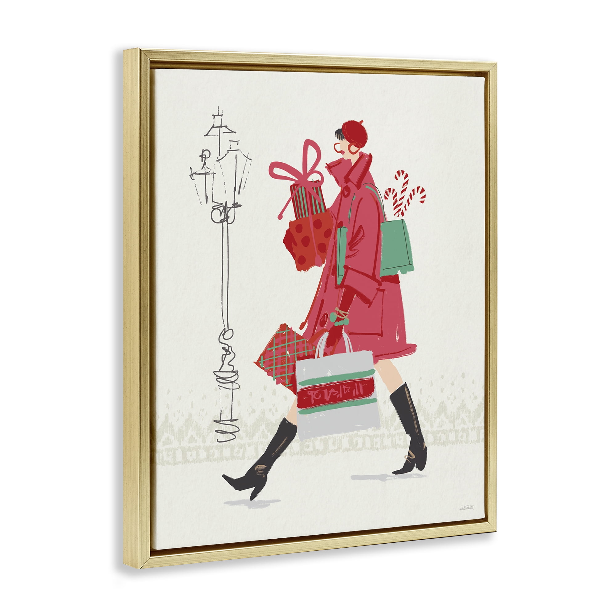 Stupell Industries Trendy Festive Fashion Holiday Painting Gold Floater Framed Canvas Art Prints Wall Art, 17 x 21