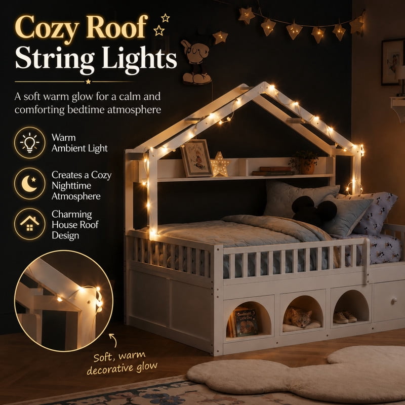Full Size Kids Montessori Floor Bed Frame with Guardrail & Drawer, Children House Platform Bed with LED Light & Small Cat Bed