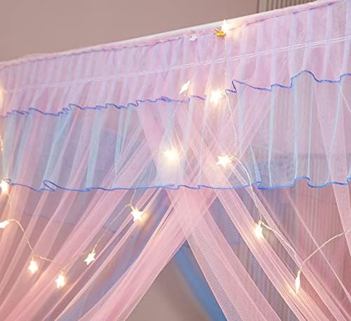 Rainbow Canopy Bed Curtains with Lights - Princess Bed Canopy for Girls - Bed Drapes Netting- Bedroom Decoration Accessories,Queen