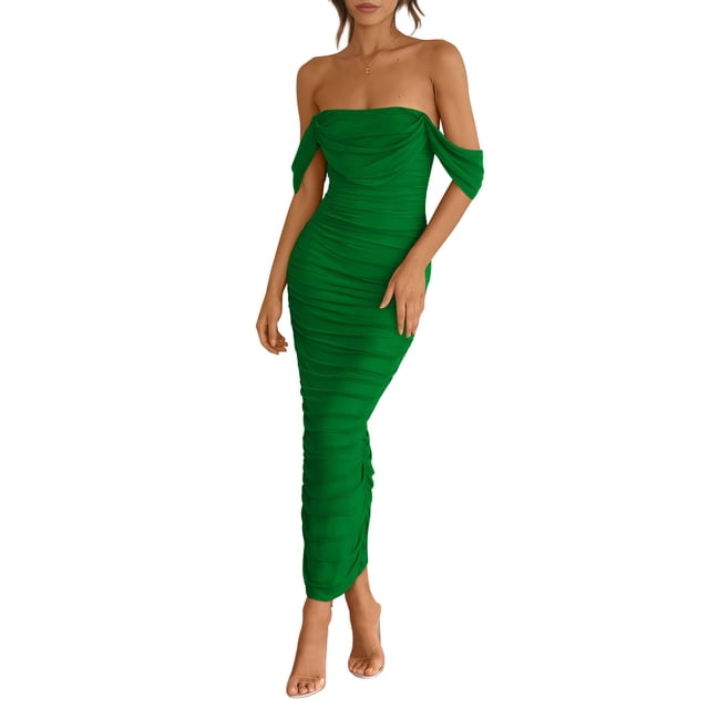 Vestido PRETTYGARDEN para mujer 2025, verano, hombros descubiertos, verde, XL