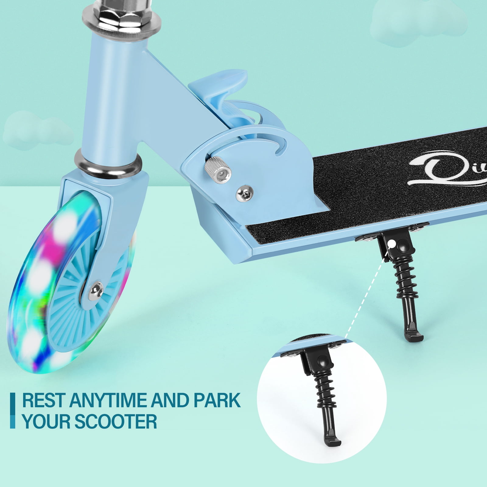 Scooter With 2 Wheels, for Kids Ages 6+, Kickstand Foot Support, Adjustable Height & Foldable, Light Blue