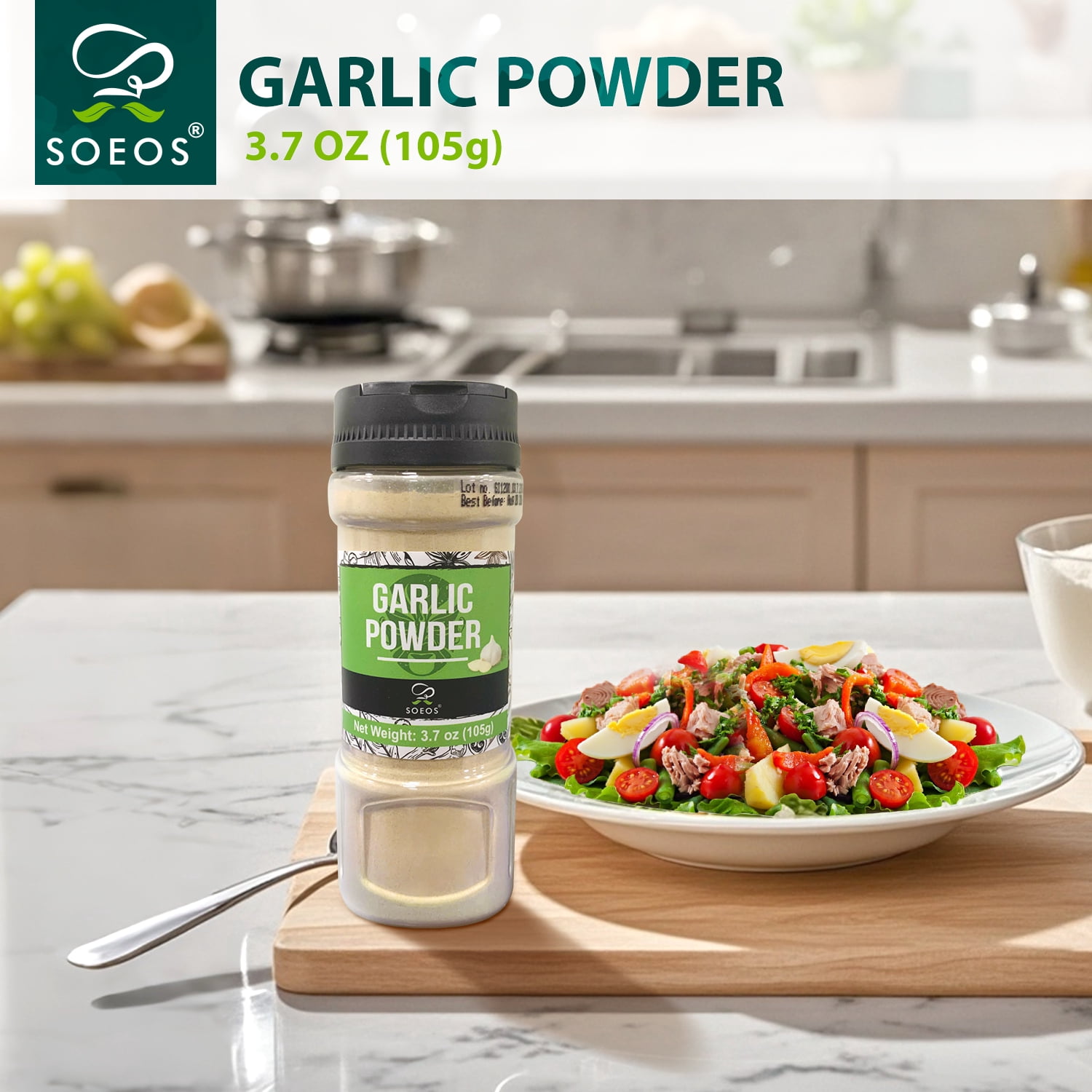 Soeos Garlic Powder (3.7 oz) – Pure Garlic Seasoning for Cooking, Marinades, Soups & Meats, No Additives