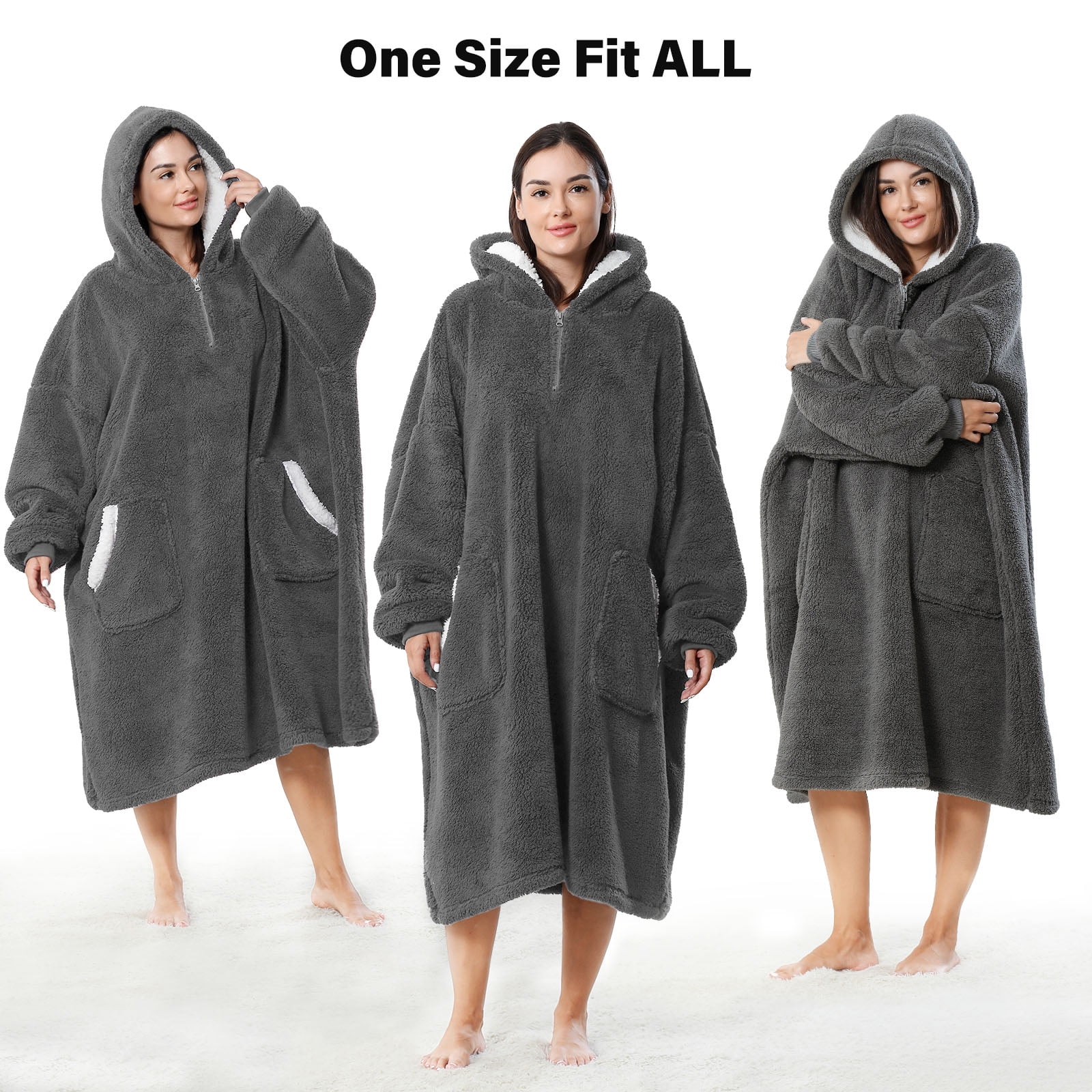 LONGHUSHAN Wearable Blanket Oversized Blanket Hoodie for Women Men , Soft Comfy Warm Sherpa Fleece Sweatshirt with Zipper and Deep Pockets, Winter Gifts Girlfriend Mom - Gray