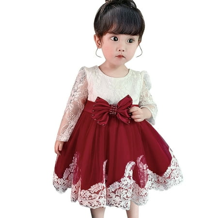 

XINSHIDE Infant Baby Girls Ruffle Long Sleeve Lace Bowknot Flower Dresses Pageant Party Wedding Princess Dress Baby Girl Clothes