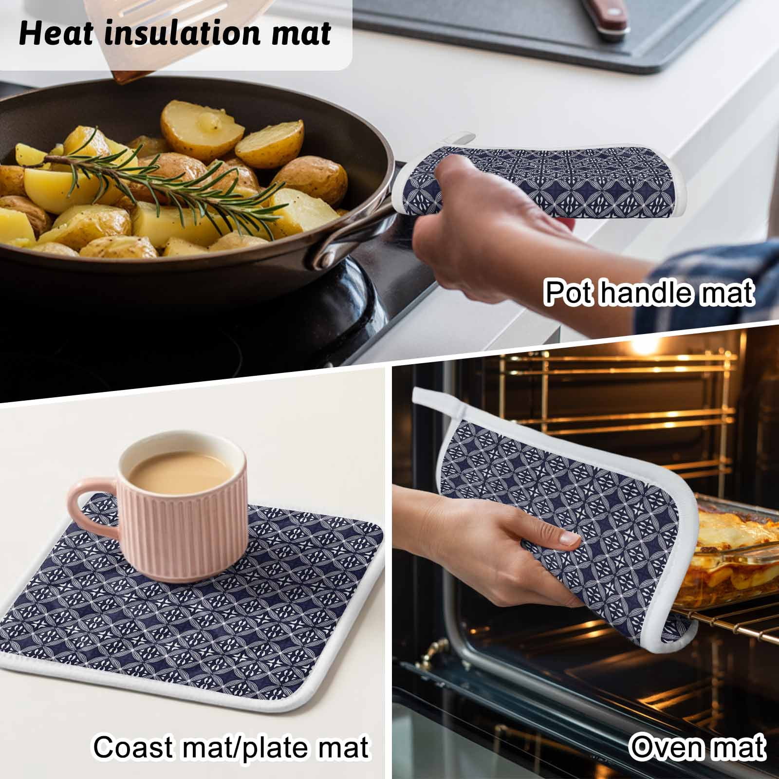 Blue Geometric Abstract Pot Holders for Kitchen Heatproof Potholder, 3 Pack Contemporary Modern Art White Hot Pads Multipurpose Oven Pads Cloth Potholders Trivet for Cooking Baking